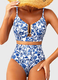 Danae & Melina - Bikini de dos piezas verano 2026, corte en U, cintura alta - Floral azul
