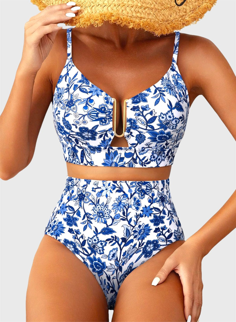 Danae & Melina - Bikini de dos piezas verano 2026, corte en U, cintura alta - Floral azul