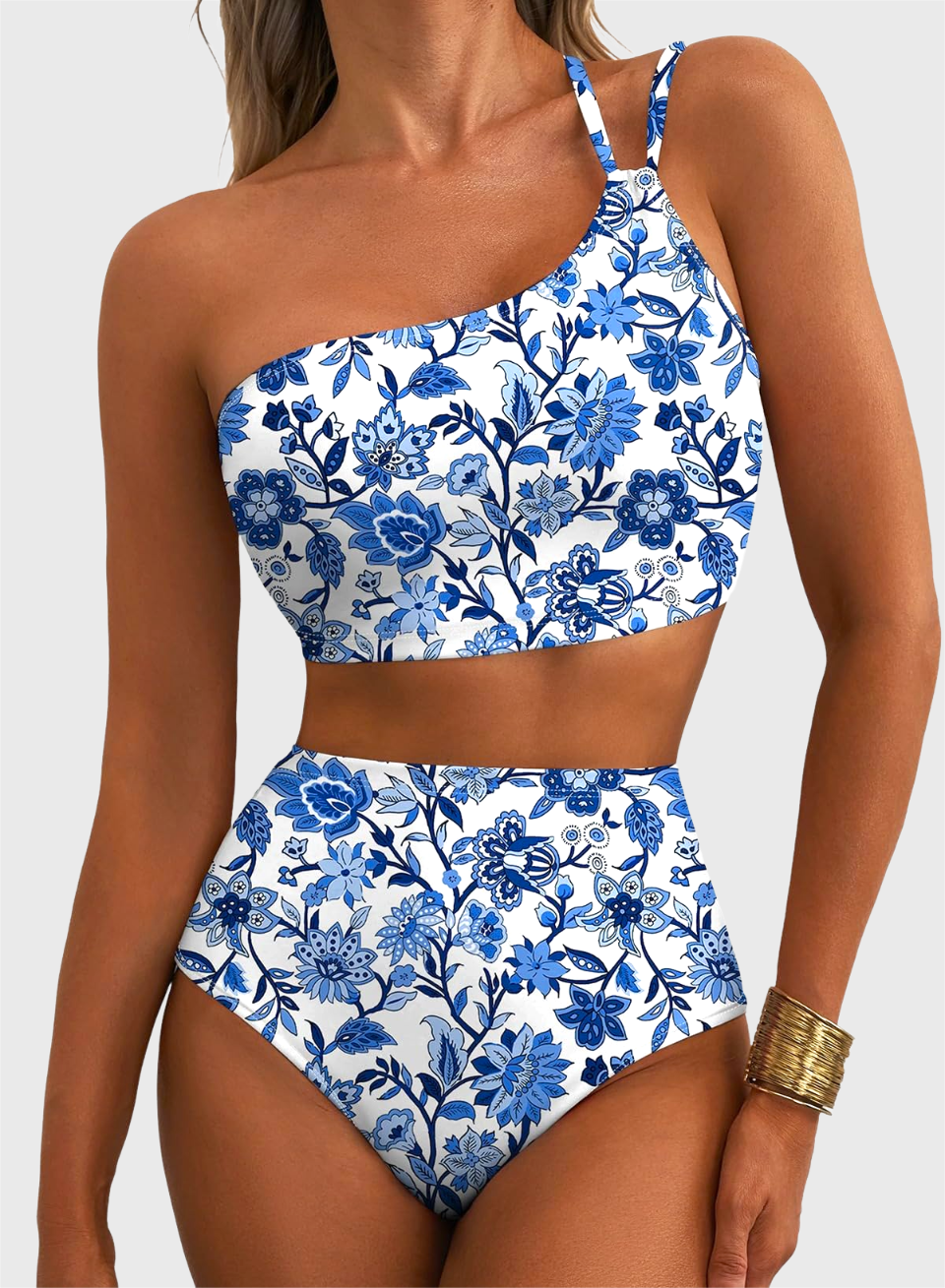 Danae & Melina - Conjunto de bikini de cintura alta con un solo hombro y estampado floral, efecto moldeador