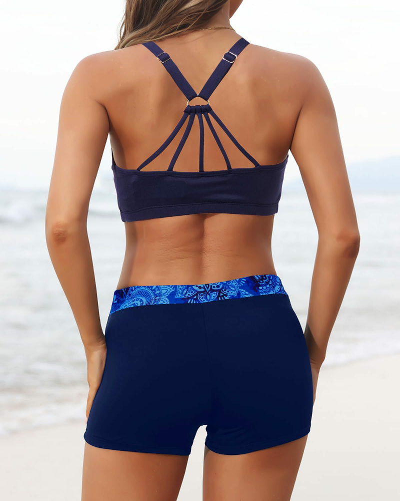 Danae & Melina - Tankini de 3 piezas con cuello redondo y tiras cruzadas - Paisley azul