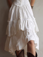 Rhea | Retro Boho Corset Tiered Midi Dress With Lace-Trim