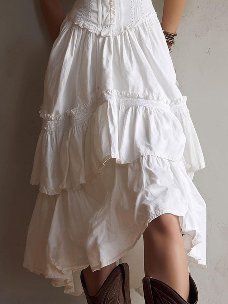 Rhea | Retro Boho Corset Tiered Midi Dress With Lace-Trim
