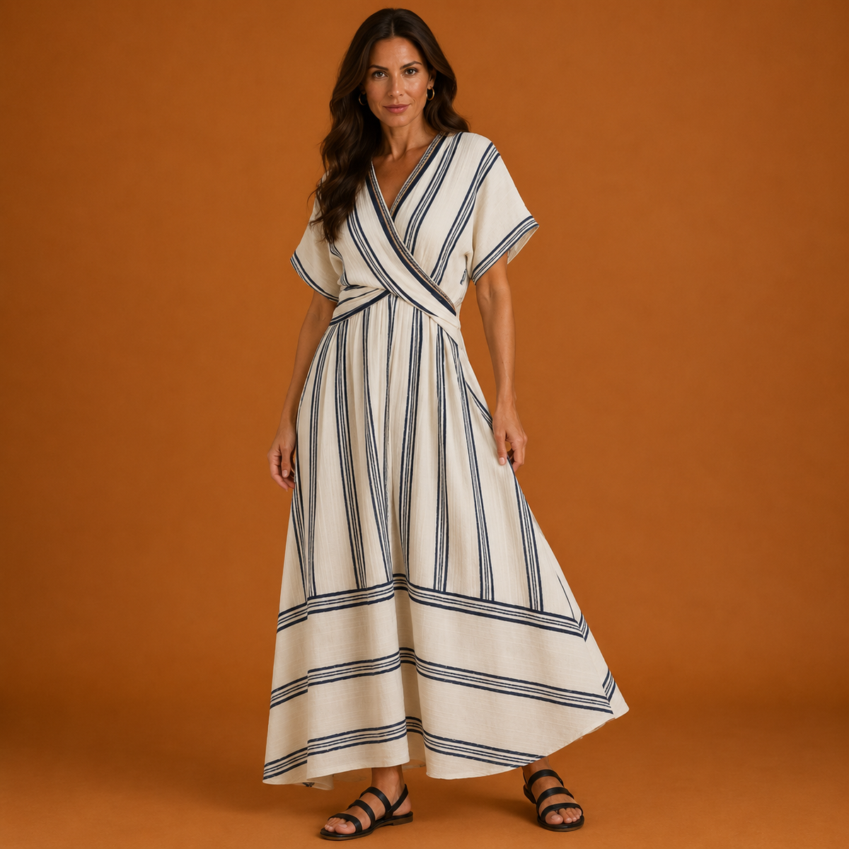 GENEVIEVE | Vestido midi con escote en V, mangas cortas y cintura cruzada