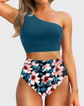 Danae & Melina - Conjunto de bikini de cintura alta con un solo hombro, efecto moldeador - Flor verde azulado