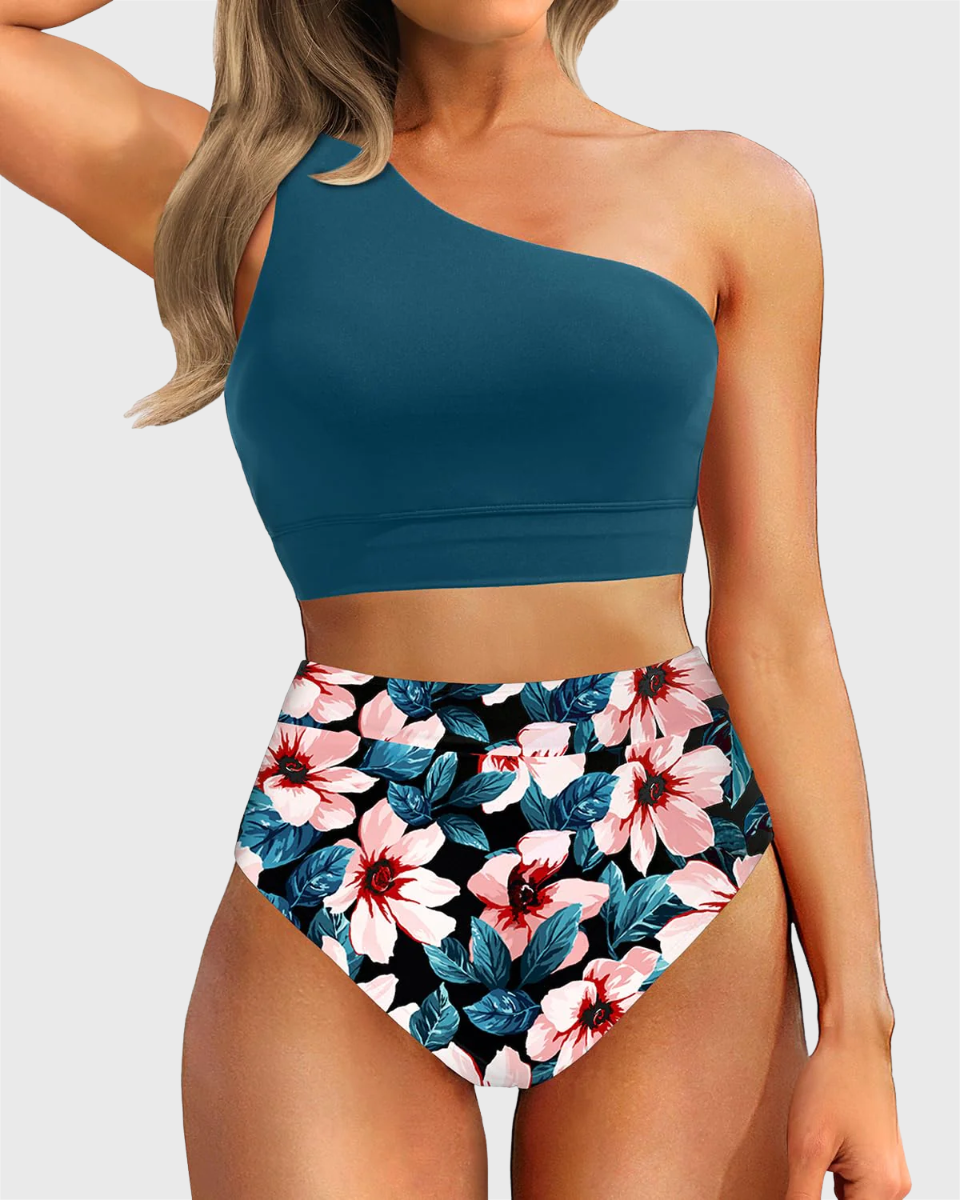 Danae & Melina - Conjunto de bikini de cintura alta con un solo hombro, efecto moldeador - Flor verde azulado