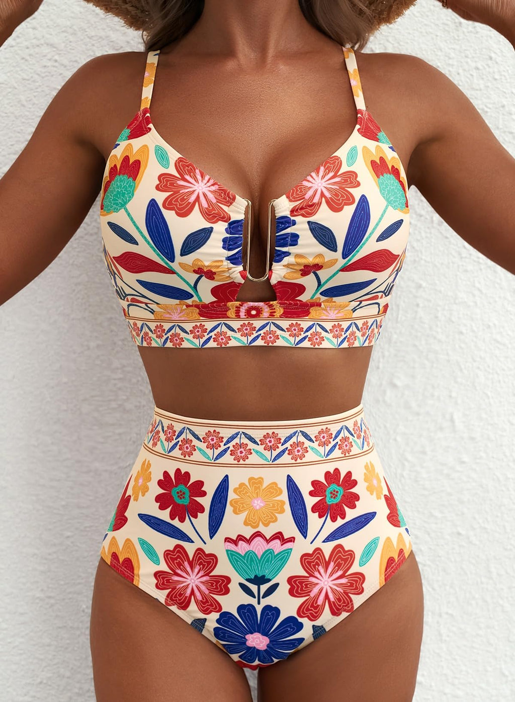 Danae & Melina - Bikini de dos piezas verano 2026, corte en U, cintura alta - Floral naranja