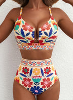 Danae & Melina - Bikini de dos piezas verano 2026, corte en U, cintura alta - Floral naranja