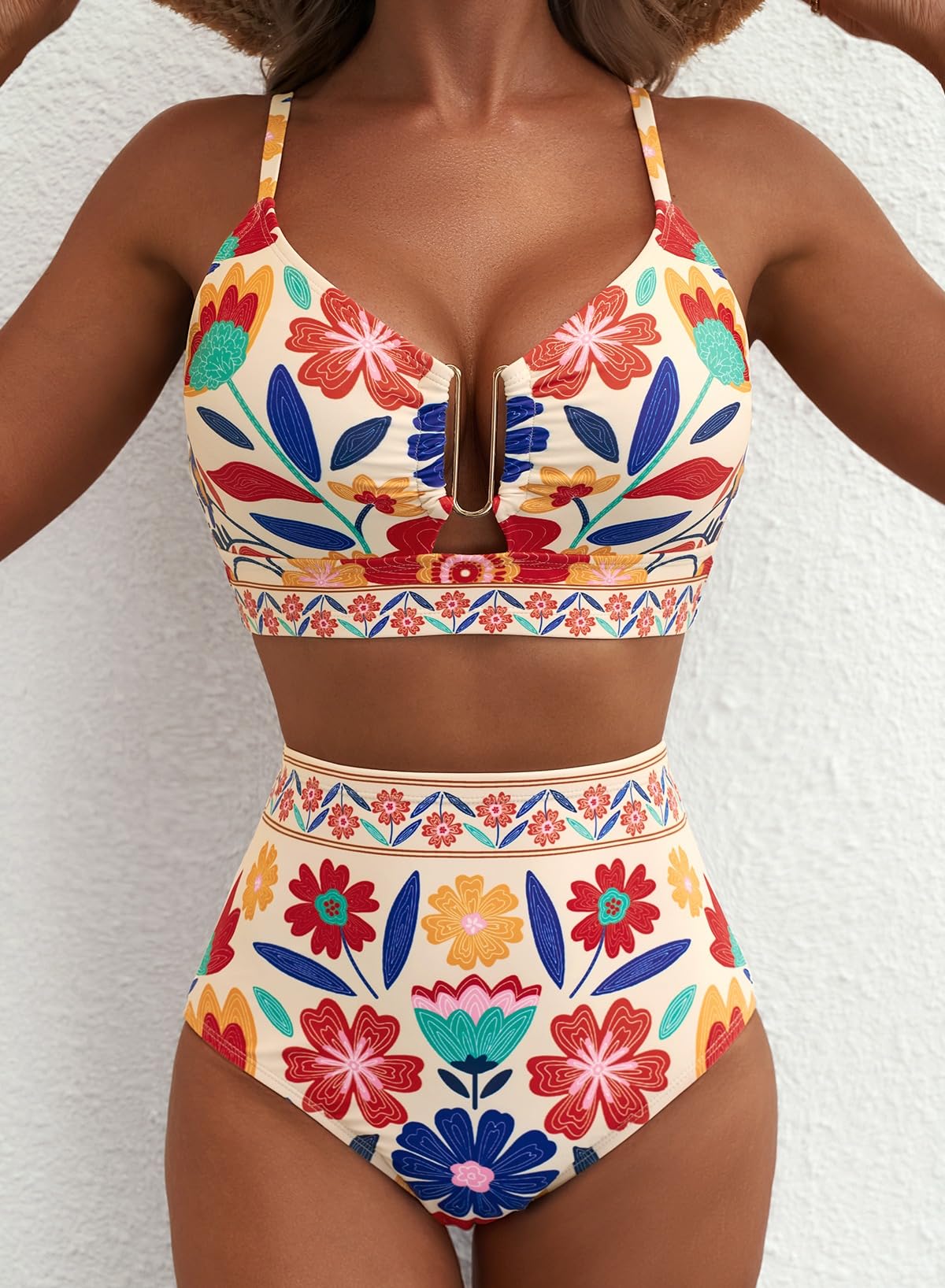 Danae & Melina - Bikini de dos piezas verano 2026, corte en U, cintura alta - Floral naranja