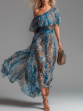Wild - Vestido Largo de Gasa con Estampado Leopardo y Hombros al Descubierto