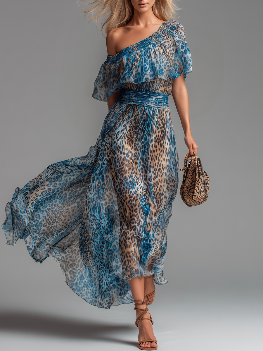 Wild - Vestido Largo de Gasa con Estampado Leopardo y Hombros al Descubierto