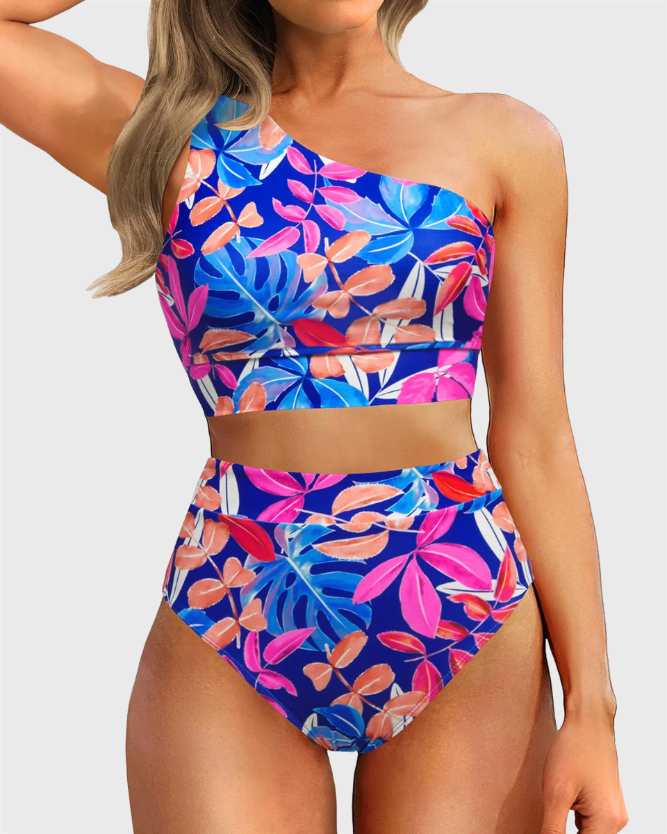 Danae & Melina - Conjunto de bikini de cintura alta con un solo hombro, efecto moldeador - Hojas de colores
