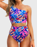 Danae & Melina - Conjunto de bikini de cintura alta con un solo hombro, efecto moldeador - Hojas de colores