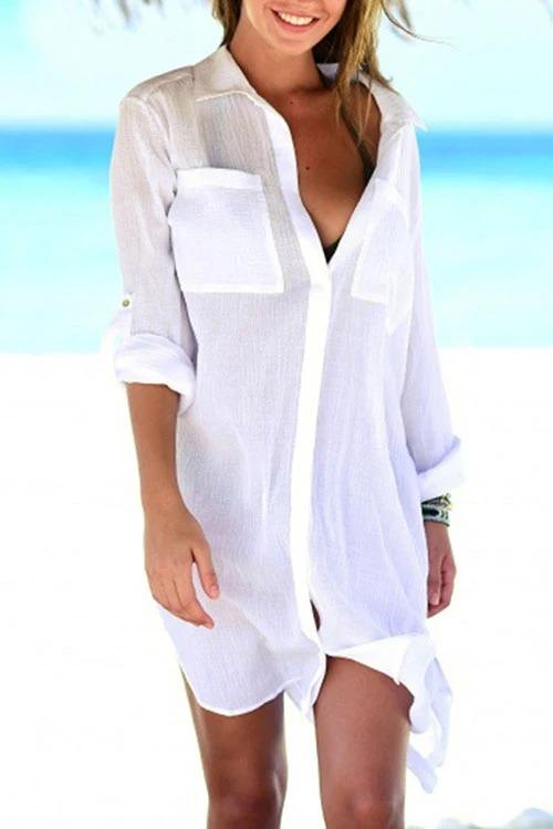 Danae & Melina - Camisola blanca larga con bolsillos y manga larga