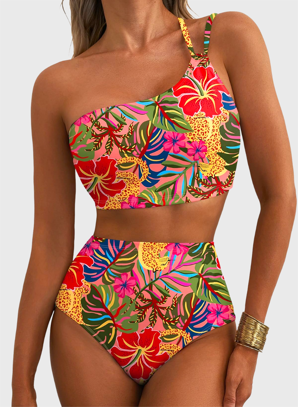 Danae & Melina - Conjunto de bikini de cintura alta con un solo hombro y estampado floral, efecto moldeador