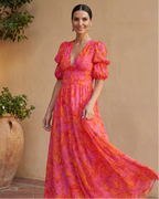 Zarelle | Vestido midi con escote en V y mangas abullonadas, en un estampado floral audaz