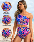 Danae & Melina - Conjunto de bikini de cintura alta con un solo hombro, efecto moldeador - Hojas de colores