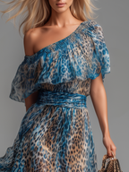 Wild - Vestido Largo de Gasa con Estampado Leopardo y Hombros al Descubierto