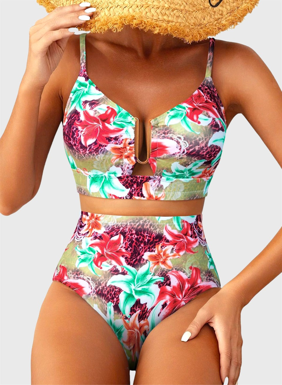 Danae & Melina - Bikini de dos piezas verano 2026, corte en U, cintura alta - Verde y lirios rosas