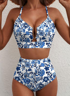 Danae & Melina - Bikini de dos piezas verano 2026, corte en U, cintura alta - Floral azul