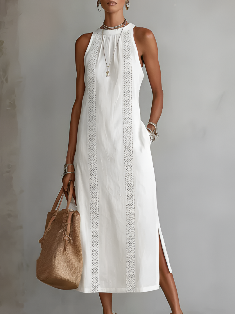 Jimena | Vestido Midi Relajado con Bordados y Cuello Mandarín