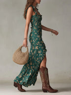 Zara | Vestido largo bohemio con estampado floral y fruncidos, con abertura lateral