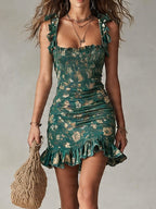 Danae & Melina - Vestido Mini Estampado Verde Bohemio con Volantes