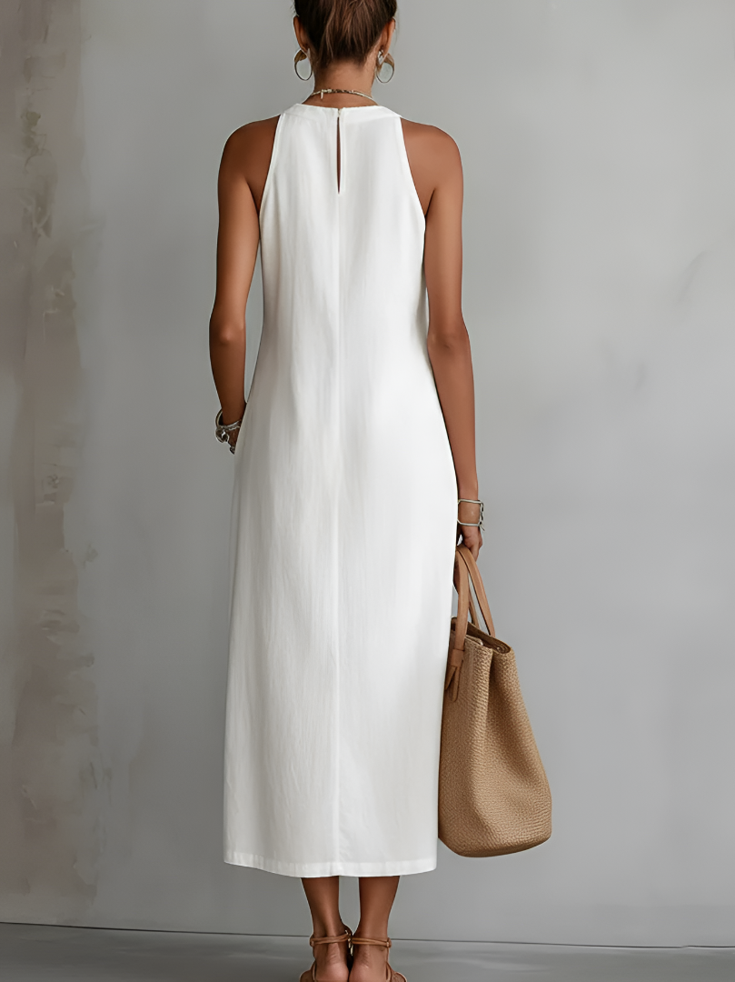 Jimena | Vestido Midi Relajado con Bordados y Cuello Mandarín